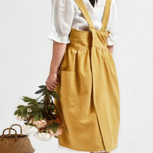 High Waist Cotton Linen Solid Color Apron (Black) - Image 4