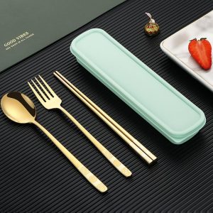 Stainless Steel Tableware Student Office Worker Portable Tableware Set, Specification: 3 PCS / Set, Color: Gold