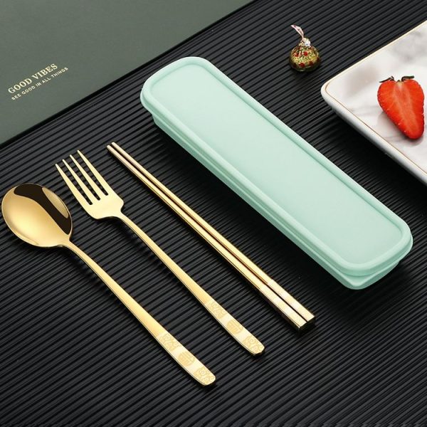 Stainless Steel Tableware Student Office Worker Portable Tableware Set, Specification: 3 PCS / Set, Color: Gold