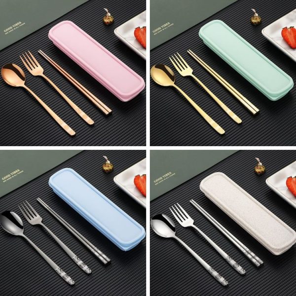 Stainless Steel Tableware Student Office Worker Portable Tableware Set, Specification: 3 PCS / Set, Color: Gold - Image 2