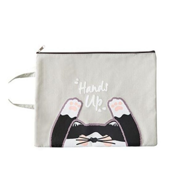 Cute Small Fresh Cartoon Cat A4 File Bag School Office Supplies Canvas Storage Bag (Grey) - Image 2