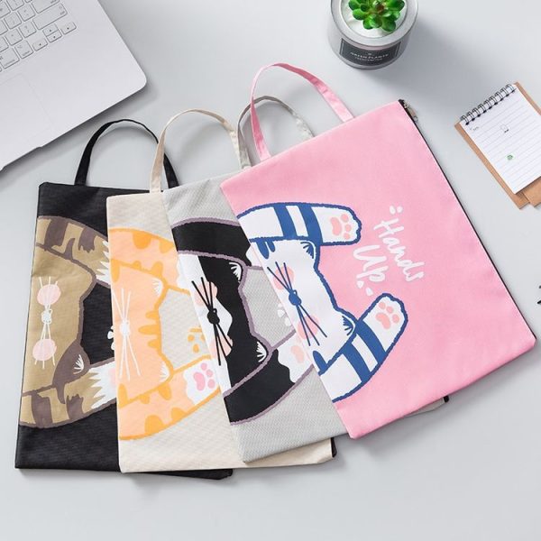 Cute Small Fresh Cartoon Cat A4 File Bag School Office Supplies Canvas Storage Bag (Grey) - Image 4