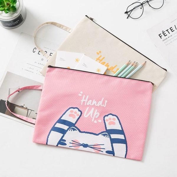 Cute Small Fresh Cartoon Cat A4 File Bag School Office Supplies Canvas Storage Bag (Grey) - Image 5