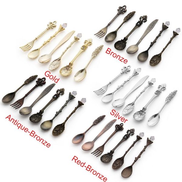 6pcs / Set Vintage Mini Coffee Spoons Suit Royal Style Metal Carved Coffee Fruit Cutler Dessert Flatware Kitchen Tools Antique Bronze(With Red Fork) - Image 3