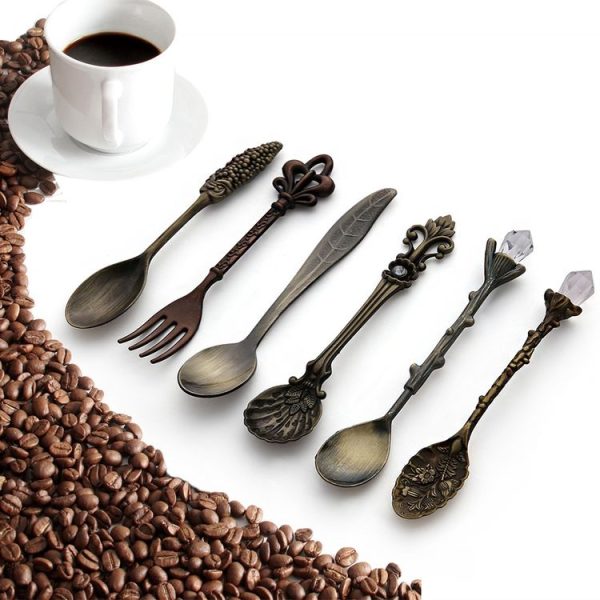6pcs / Set Vintage Mini Coffee Spoons Suit Royal Style Metal Carved Coffee Fruit Cutler Dessert Flatware Kitchen Tools Antique Bronze(With Red Fork) - Image 5