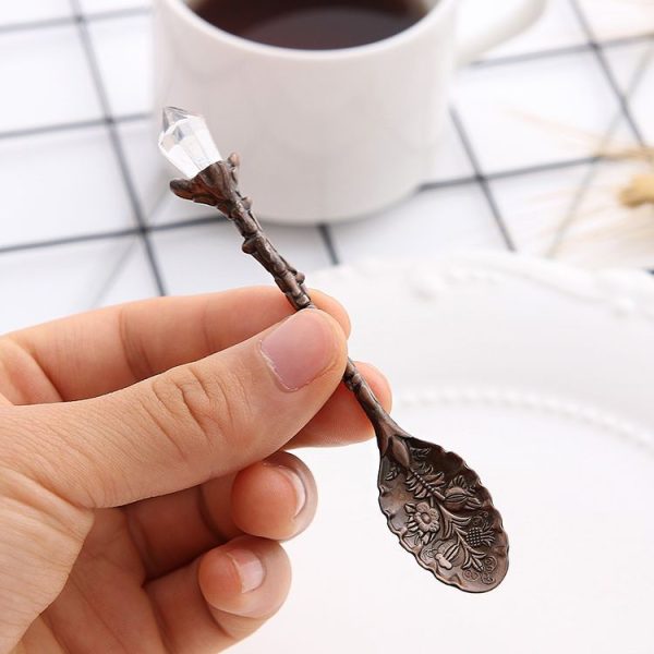 6pcs / Set Vintage Mini Coffee Spoons Suit Royal Style Metal Carved Coffee Fruit Cutler Dessert Flatware Kitchen Tools Antique Bronze(With Red Fork) - Image 7