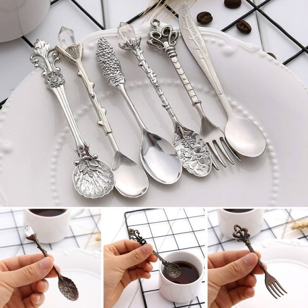 6pcs / Set Vintage Mini Coffee Spoons Suit Royal Style Metal Carved Coffee Fruit Cutler Dessert Flatware Kitchen Tools Silver - Image 4