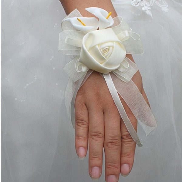 Wedding Groom Bride Boutonniere Rhinoceros Calla Brooch Wrist Flower, Style: Wrist Flower - Image 4