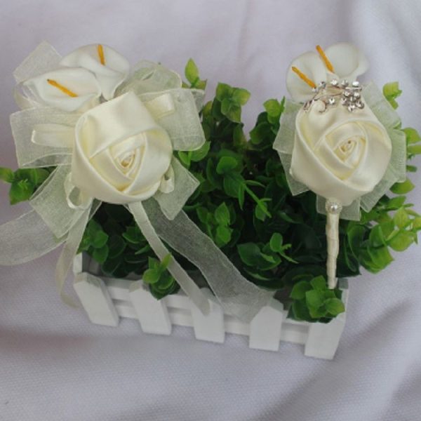 Wedding Groom Bride Boutonniere Rhinoceros Calla Brooch Wrist Flower, Style: 2 Sets Of Silver - Image 2
