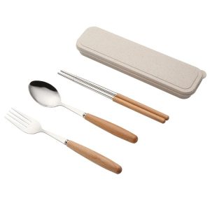 3 in 1 Spoon Chopsticks Fork Cutlery Set Three-piece Creative Work Students Portable Tableware (Three-piece set of wooden handle spoon fork chopsticks)