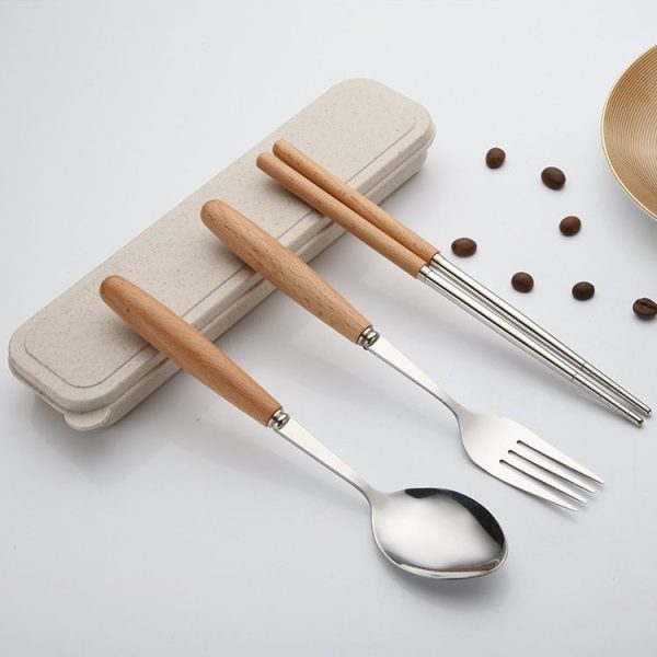 3 in 1 Spoon Chopsticks Fork Cutlery Set Three-piece Creative Work Students Portable Tableware (Three-piece set of wooden handle spoon fork chopsticks) - Image 2