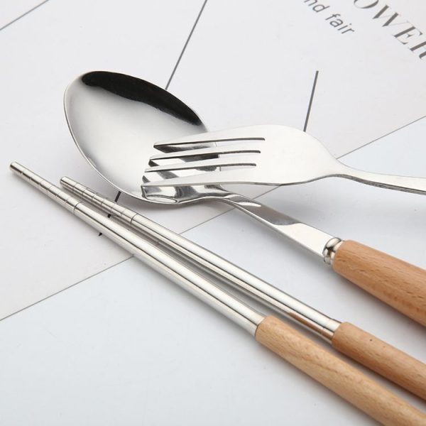 3 in 1 Spoon Chopsticks Fork Cutlery Set Three-piece Creative Work Students Portable Tableware (Three-piece set of wooden handle spoon fork chopsticks) - Image 3