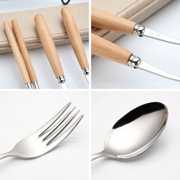 3 in 1 Spoon Chopsticks Fork Cutlery Set Three-piece Creative Work Students Portable Tableware (Three-piece set of wooden handle spoon fork chopsticks) - Image 4