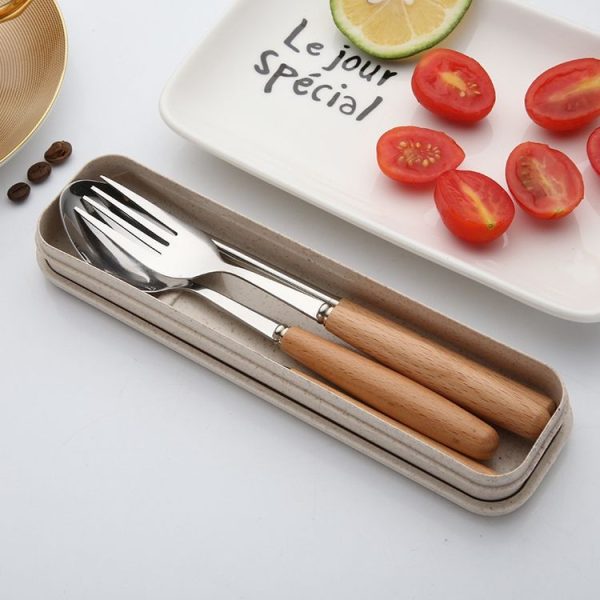 3 in 1 Spoon Chopsticks Fork Cutlery Set Three-piece Creative Work Students Portable Tableware (Three-piece set of wooden handle spoon fork chopsticks) - Image 6