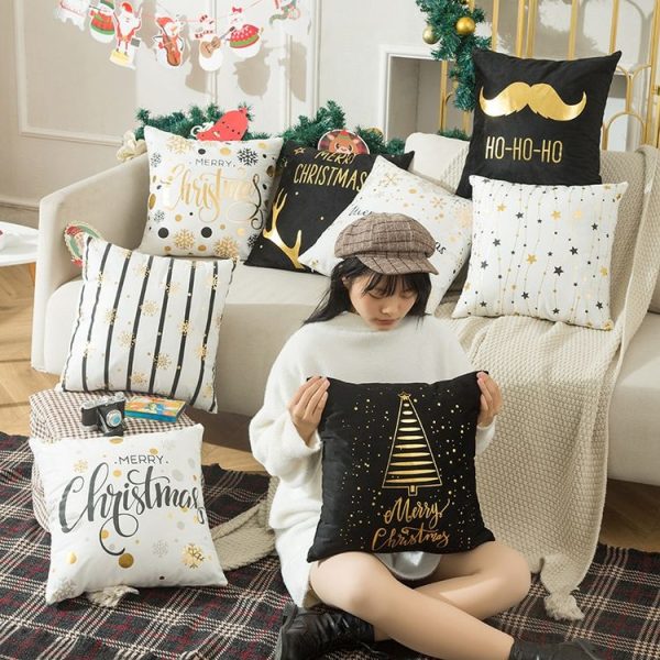 Merry Christmas Pillow Case Gold Foil Printing Pillow Cover Sofa Waist Throw Cushion Cover Coffee Shop Decorative 43cm x 43cm (17) - Image 7
