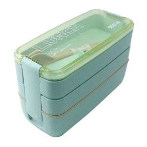 900ml 3 Layers Bento Box Lunch Box Food Container Wheat Straw Material Microwavable Dinnerware Lunchbox (Green)