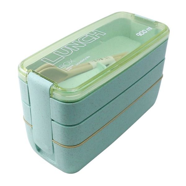 900ml 3 Layers Bento Box Lunch Box Food Container Wheat Straw Material Microwavable Dinnerware Lunchbox (Green)