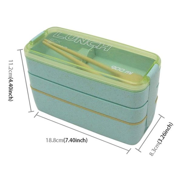 900ml 3 Layers Bento Box Lunch Box Food Container Wheat Straw Material Microwavable Dinnerware Lunchbox (Green) - Image 2