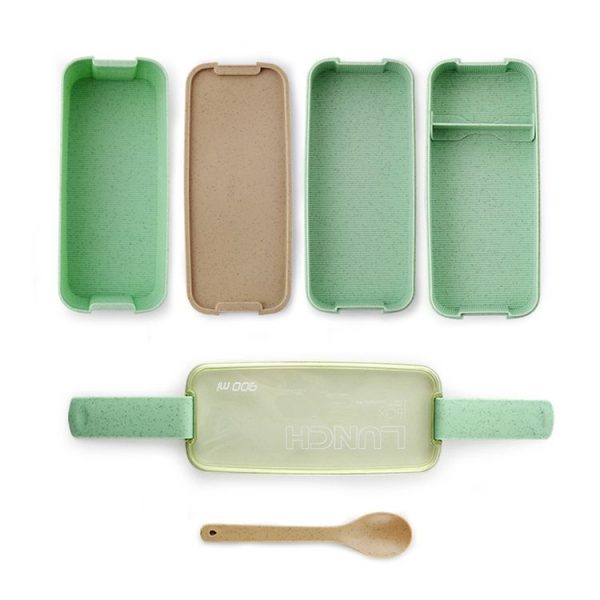 900ml 3 Layers Bento Box Lunch Box Food Container Wheat Straw Material Microwavable Dinnerware Lunchbox (Green) - Image 3