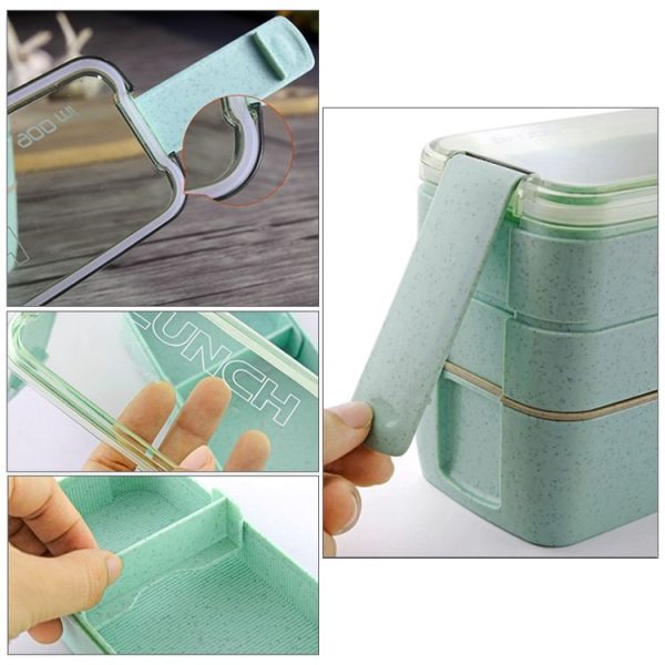 900ml 3 Layers Bento Box Lunch Box Food Container Wheat Straw Material Microwavable Dinnerware Lunchbox (Green) - Image 4