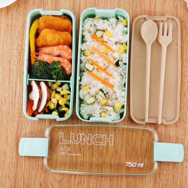 900ml 3 Layers Bento Box Lunch Box Food Container Wheat Straw Material Microwavable Dinnerware Lunchbox (Green) - Image 5
