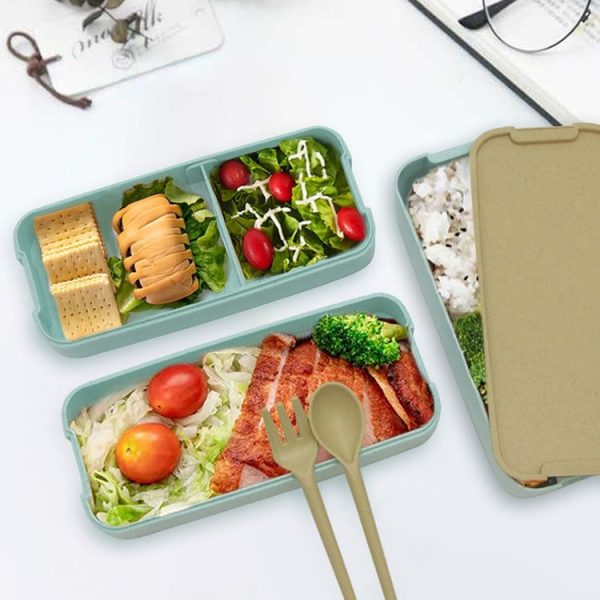 900ml 3 Layers Bento Box Lunch Box Food Container Wheat Straw Material Microwavable Dinnerware Lunchbox (Green) - Image 6