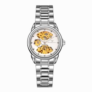 FNGEEN 8818 Women Automatic Mechanical Watch Double-Sided Hollow Watch (White Steel White Surface)