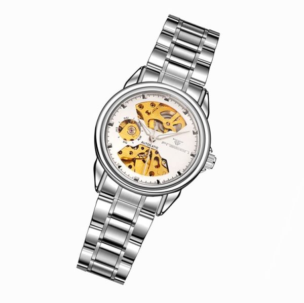 FNGEEN 8818 Women Automatic Mechanical Watch Double-Sided Hollow Watch (White Steel White Surface) - Image 2