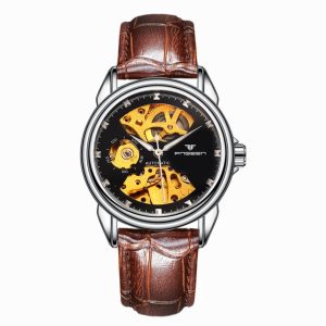 FNGEEN 8818 Women Automatic Mechanical Watch Double-Sided Hollow Watch (Leather White Steel Black Surface)