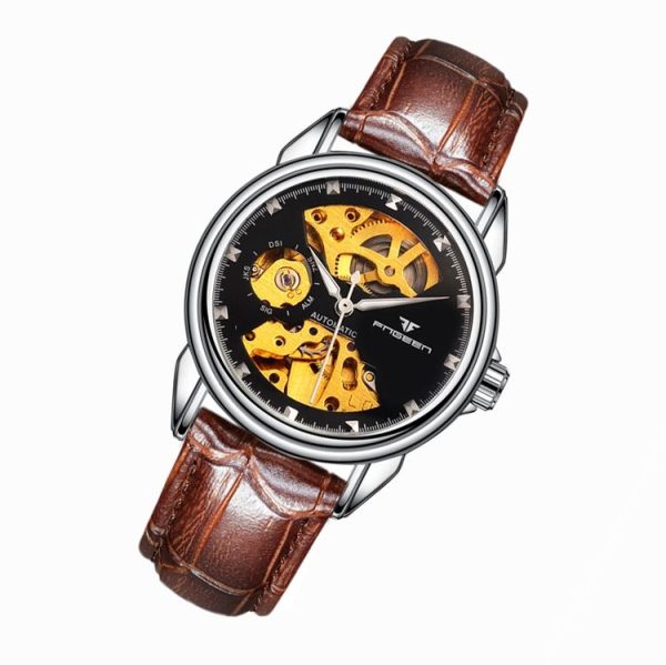 FNGEEN 8818 Women Automatic Mechanical Watch Double-Sided Hollow Watch (Leather White Steel Black Surface) - Image 2