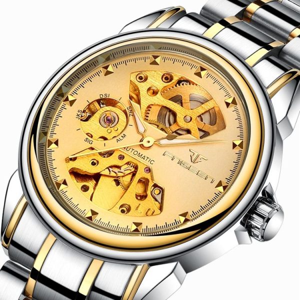 FNGEEN 8818 Women Automatic Mechanical Watch Double-Sided Hollow Watch (Leather White Steel Black Surface) - Image 3