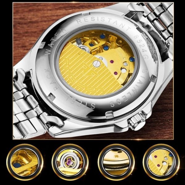 FNGEEN 8818 Women Automatic Mechanical Watch Double-Sided Hollow Watch (Leather White Steel Black Surface) - Image 4