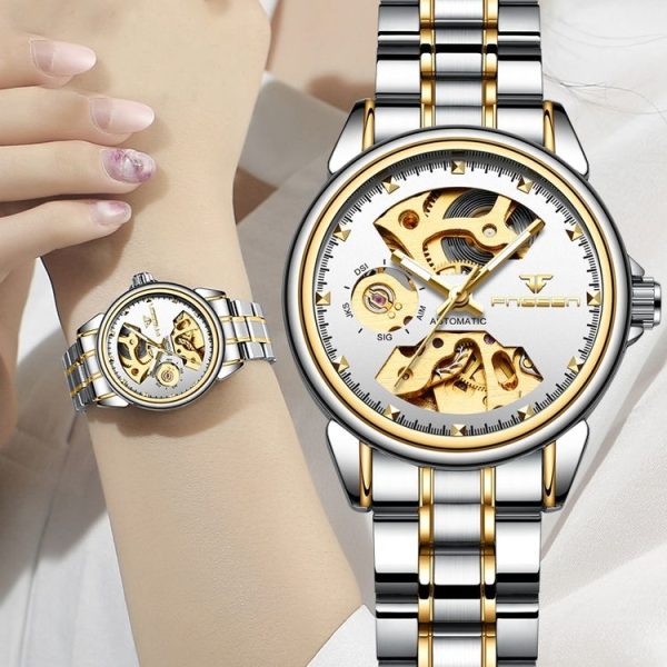 FNGEEN 8818 Women Automatic Mechanical Watch Double-Sided Hollow Watch (Leather White Steel Black Surface) - Image 6