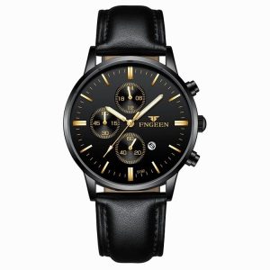 FNGEEN W5128 Men Three Eyes Subdial Luminous Quartz Watch Student Simple Watch (All Black Surface Golden Nails)