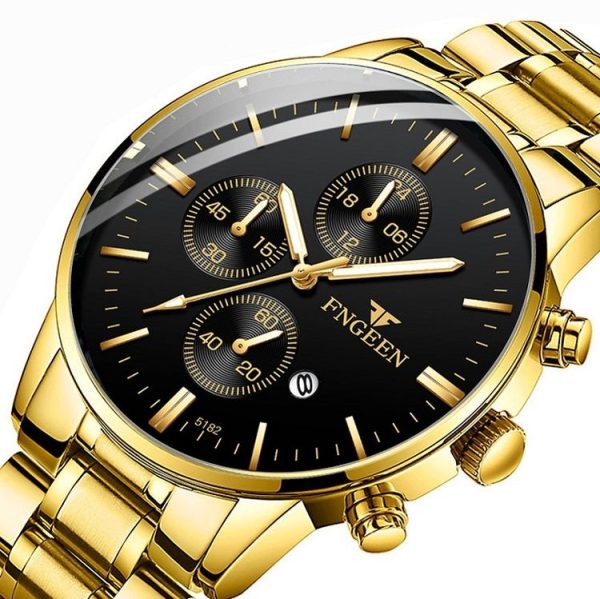 FNGEEN W5128 Men Three Eyes Subdial Luminous Quartz Watch Student Simple Watch (All Black Surface Golden Nails) - Image 3