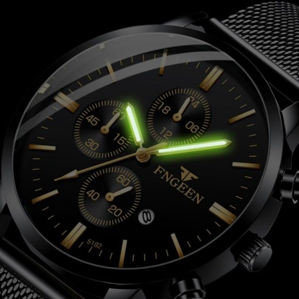 FNGEEN W5128 Men Three Eyes Subdial Luminous Quartz Watch Student Simple Watch (All Black Surface Golden Nails) - Image 4