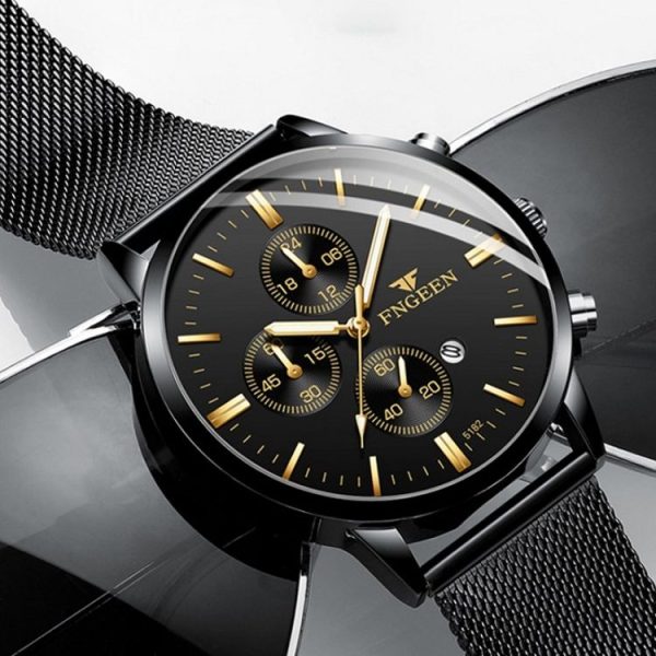FNGEEN W5128 Men Three Eyes Subdial Luminous Quartz Watch Student Simple Watch (All Black Surface Golden Nails) - Image 5