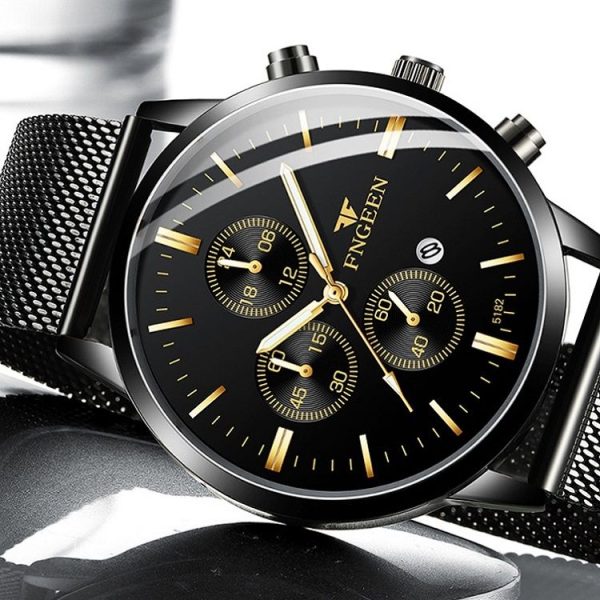 FNGEEN W5128 Men Three Eyes Subdial Luminous Quartz Watch Student Simple Watch (All Black Surface Golden Nails) - Image 6