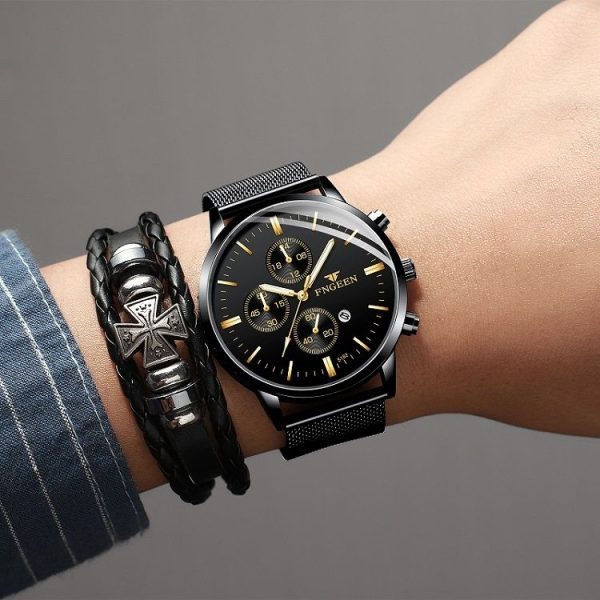 FNGEEN W5128 Men Three Eyes Subdial Luminous Quartz Watch Student Simple Watch (All Black Surface Golden Nails) - Image 7