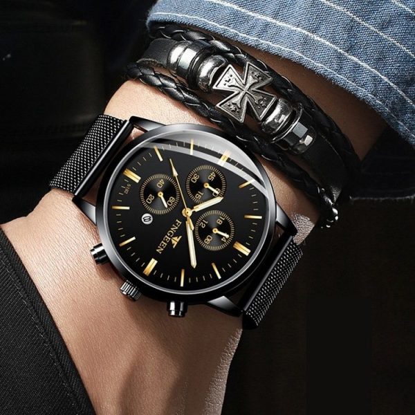 FNGEEN W5128 Men Three Eyes Subdial Luminous Quartz Watch Student Simple Watch (All Black Surface Golden Nails) - Image 8