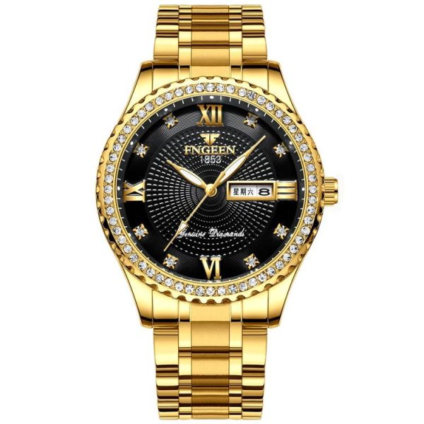 FNGEEN S888 Men Local Steel Strips Watch Luminous Quartz Watch (All Gold Black Surface)