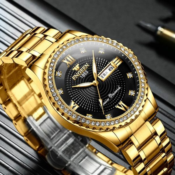 FNGEEN S888 Men Local Steel Strips Watch Luminous Quartz Watch (All Gold Black Surface) - Image 6