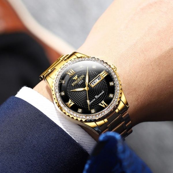 FNGEEN S888 Men Local Steel Strips Watch Luminous Quartz Watch (All Gold Black Surface) - Image 7