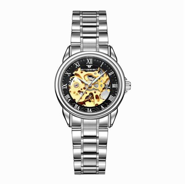 FNGEEN 8866 Women Waterproof Watch Fashion Double-Sided Hollow Automatic Mechanical Watch (White Steel Black Surface)