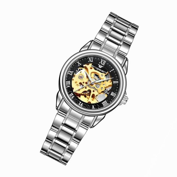FNGEEN 8866 Women Waterproof Watch Fashion Double-Sided Hollow Automatic Mechanical Watch (White Steel Black Surface) - Image 2