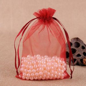 100 PCS Gift Bags Jewelry Organza Bag Wedding Birthday Party Drawable Pouches, Gift Bag Size: 7X9cm (Wine Red)