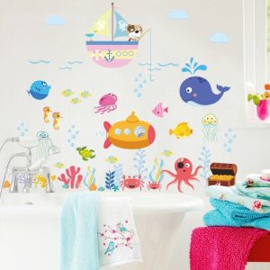 Ocean Cartoon Wall Sticker Bathroom Underwater World Fish Home DIY Stickers