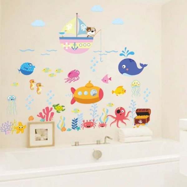 Ocean Cartoon Wall Sticker Bathroom Underwater World Fish Home DIY Stickers - Image 2