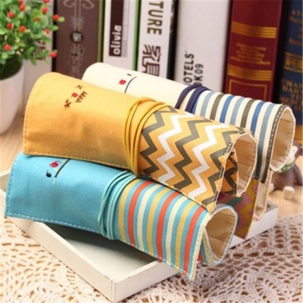 Canvas Roll Smile Face Make Up Bag Pencil Pen Brush Cases Pouch Purse Bags Stationery (Beige) - Image 5
