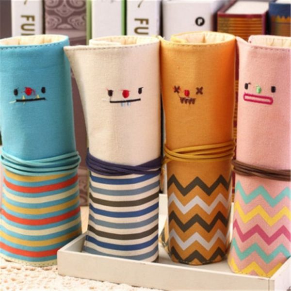 Canvas Roll Smile Face Make Up Bag Pencil Pen Brush Cases Pouch Purse Bags Stationery (Beige) - Image 6